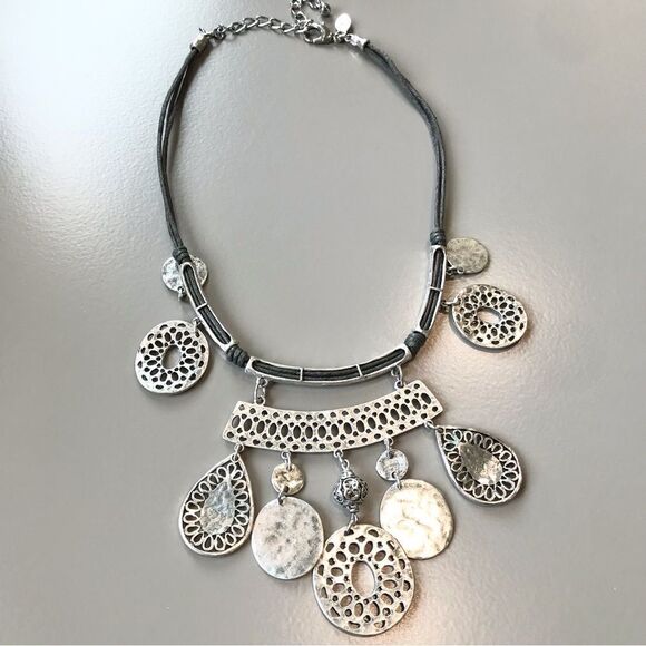Chico’s Silver Tone Metallic Pendant Statement Tribal Boho Ethnic Cord Necklace - Picture 1 of 11